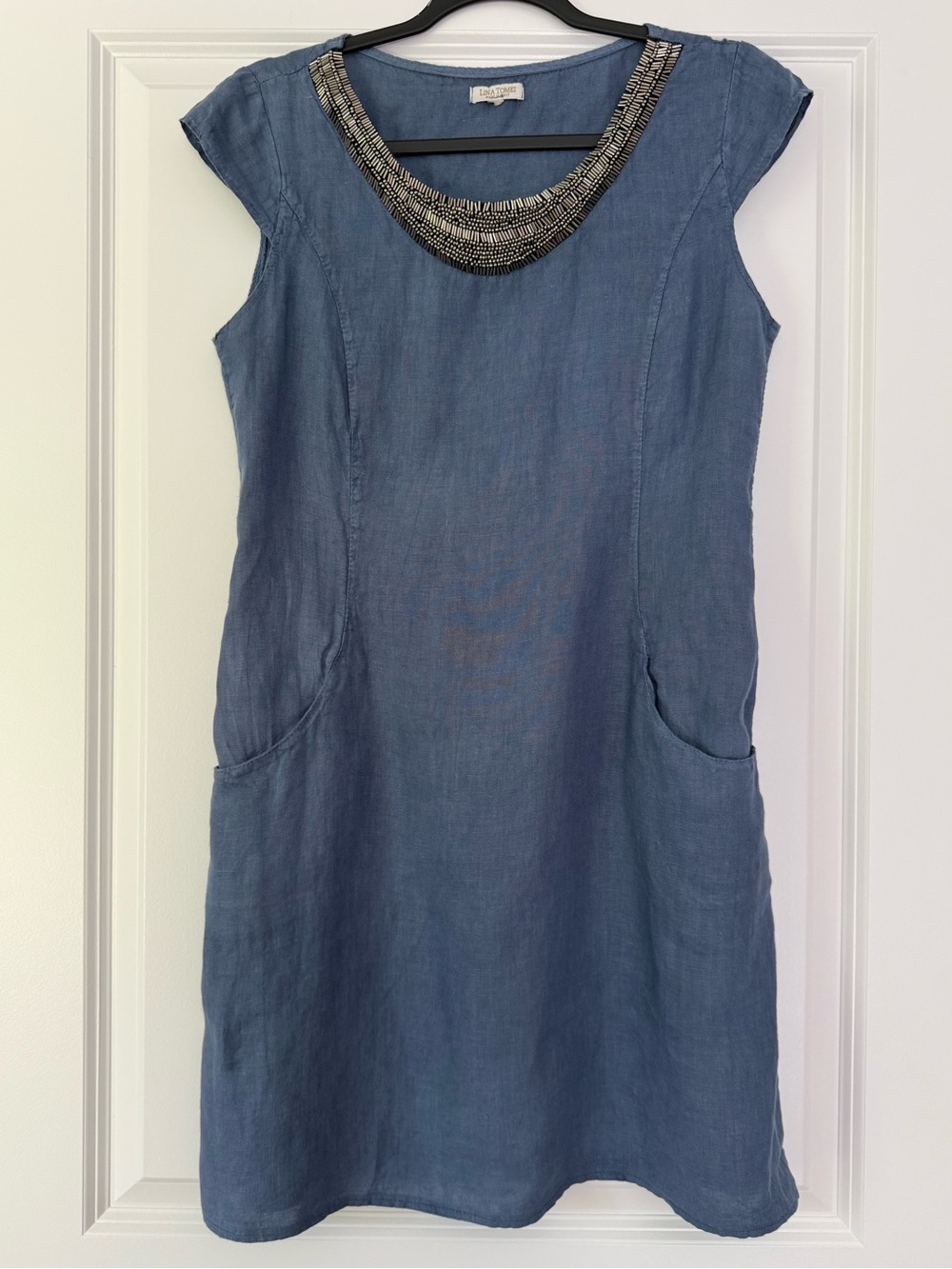 Embellished Neck Chambray Mini Dress - Blue